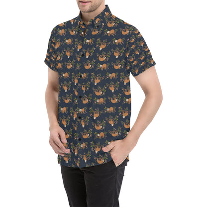 Sloth flower Design Themed Print Men's Short Sleeve Button Up Shirt