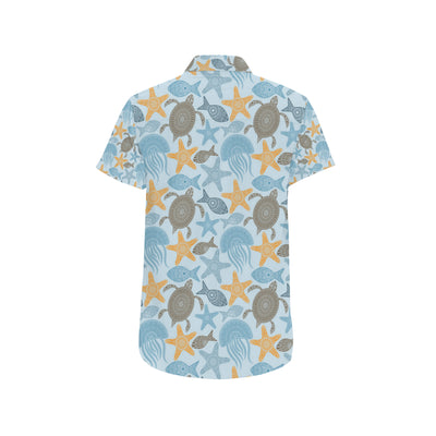 Polynesian Jellyfish Turtle Print Men's Short Sleeve Button Up Shirt