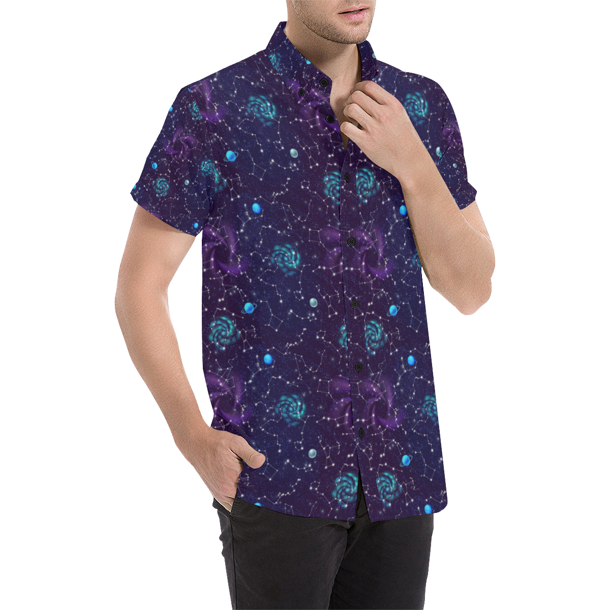 Zodiac Galaxy Design Print Men's Short Sleeve Button Up Shirt