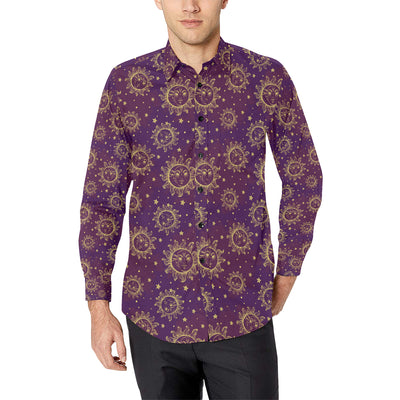 Sun Moon Star Design Themed Print Men's Long Sleeve Shirt