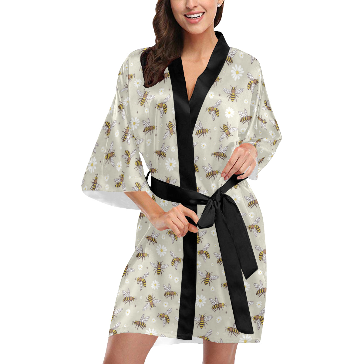 Bee Pattern Print Design 03 Women's Short Kimono