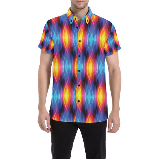 Flame Fire Blue Design Print Men's Short Sleeve Button Up Shirt