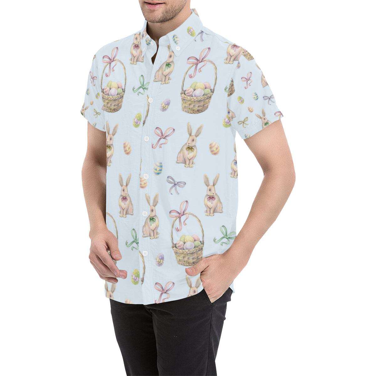 Rabbit Easter Eggs Pattern Print Design 03 Men's Short Sleeve Button Up Shirt