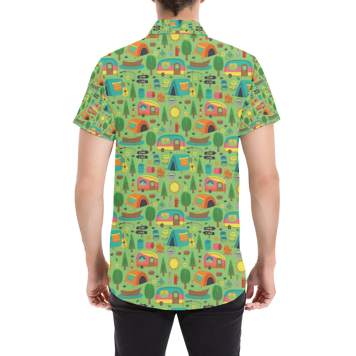 Camping Camper Pattern Print Design 04 Men's Short Sleeve Button Up Shirt