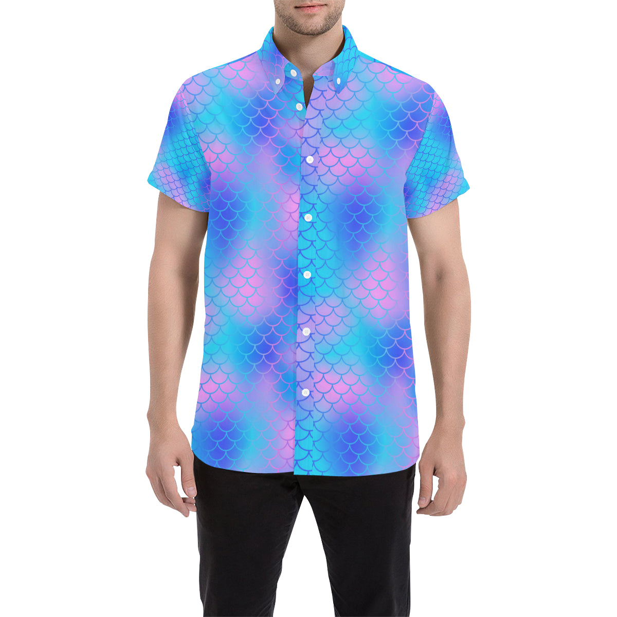 Mermaid Scales Pattern Print Design 04 Men's Short Sleeve Button Up Shirt