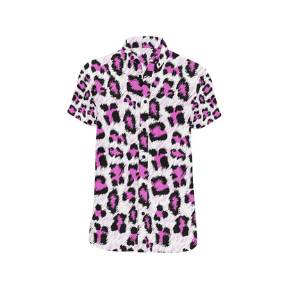 Leopard Pink Skin Print Men's Short Sleeve Button Up Shirt