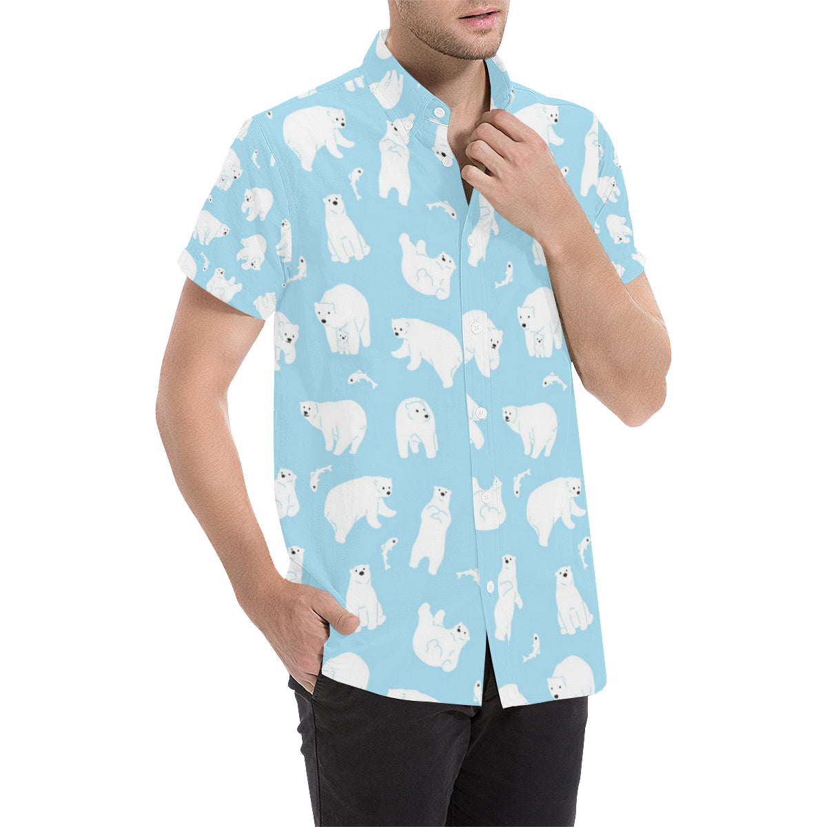Polar Bear Pattern Print Design PB01 Men's Short Sleeve Button Up Shirt