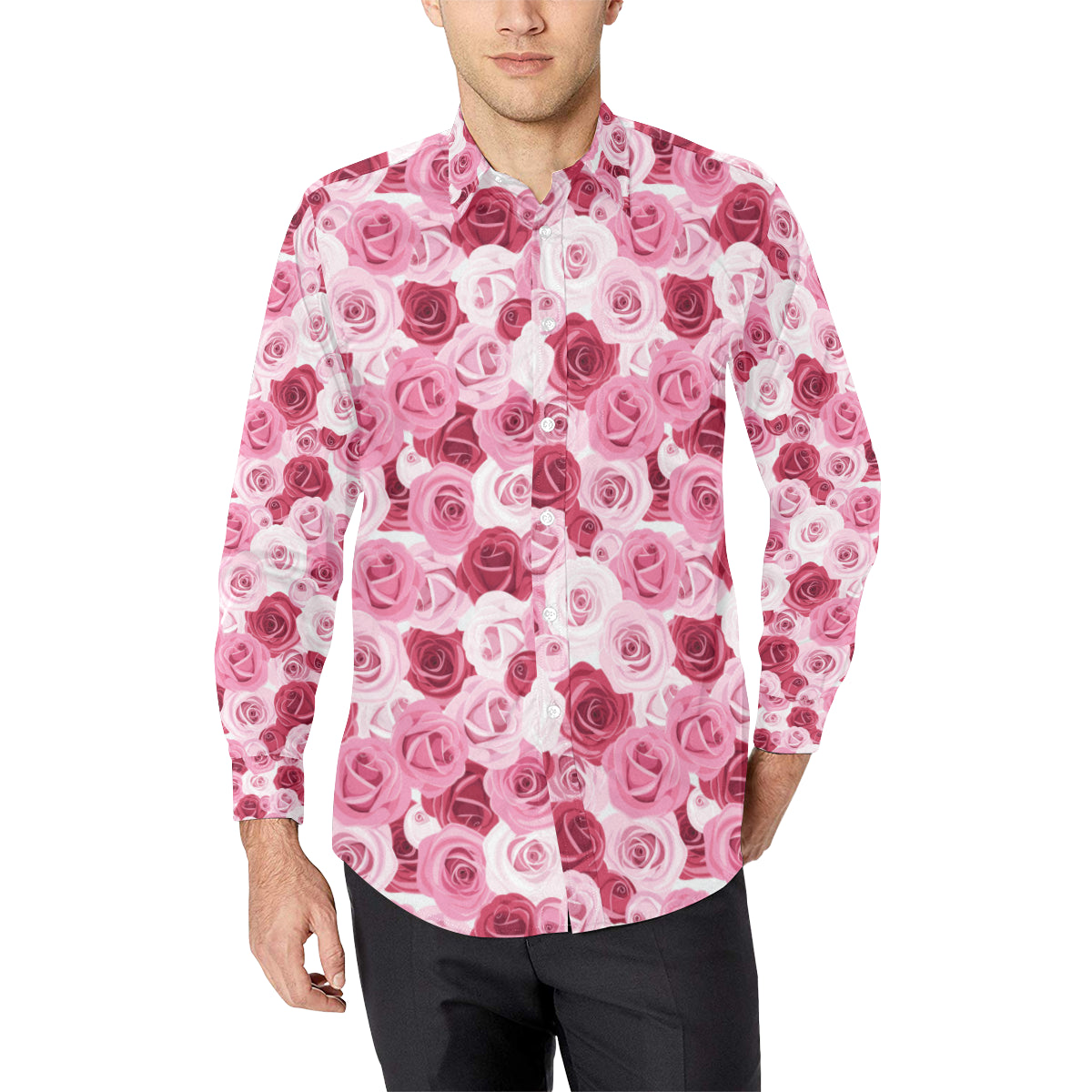 Pink Red Rose Pattern Print Men's Long Sleeve Shirt