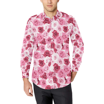 Pink Red Rose Pattern Print Men's Long Sleeve Shirt