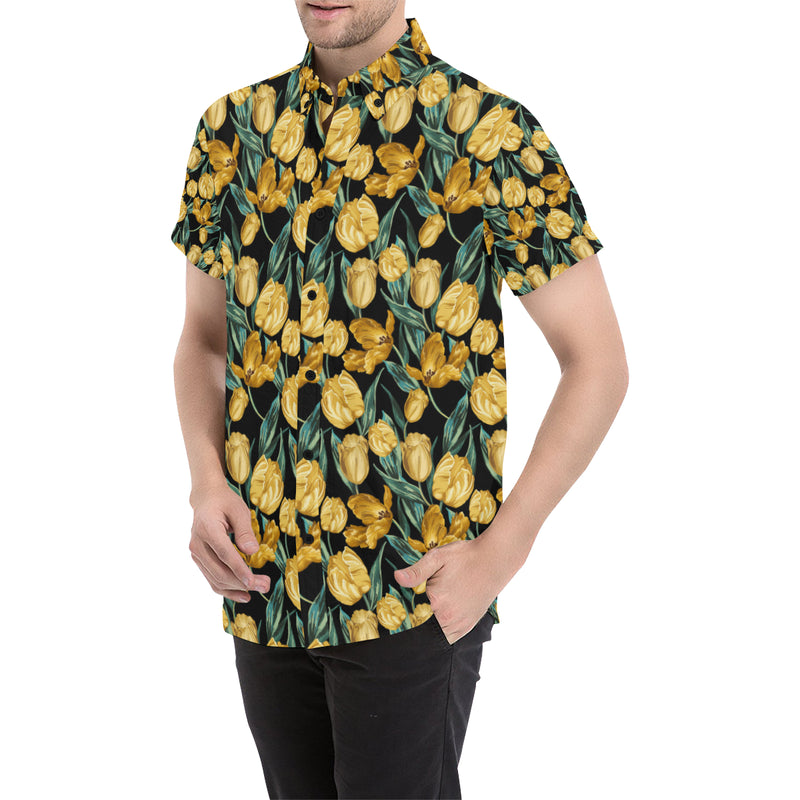 Elegant Yellow Tulip Print Men's Short Sleeve Button Up Shirt