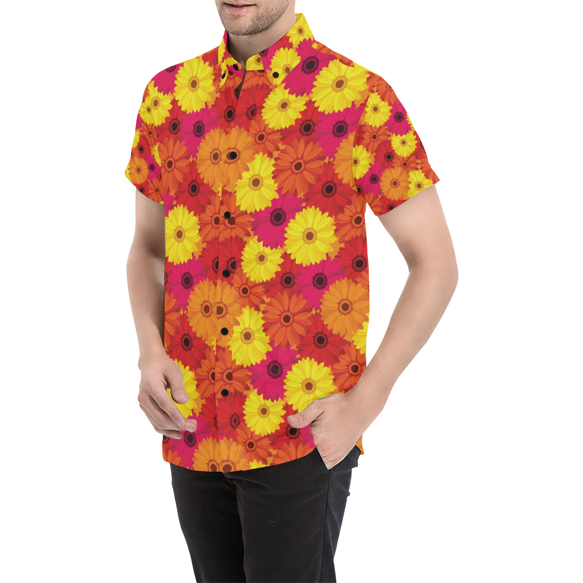 Gerberas Pattern Print Design GB05 Men's Short Sleeve Button Up Shirt