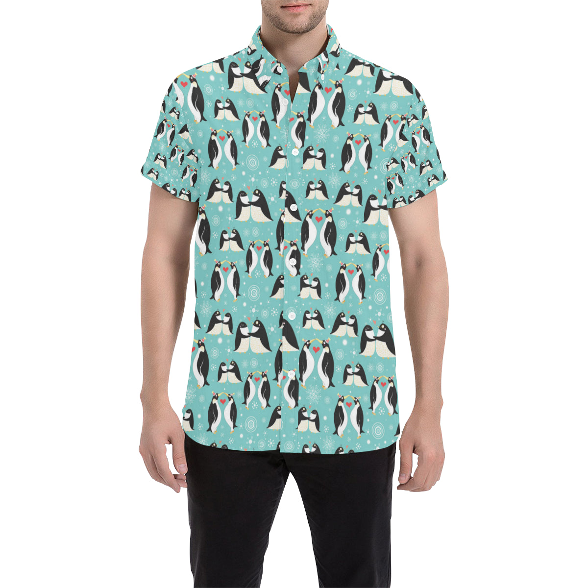 Penguin Love Print Men's Short Sleeve Button Up Shirt