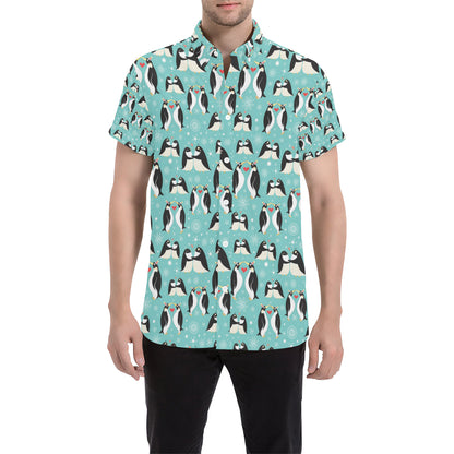 Penguin Love Print Men's Short Sleeve Button Up Shirt