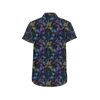 Dragonfly With Floral Print Pattern Men's Short Sleeve Button Up Shirt