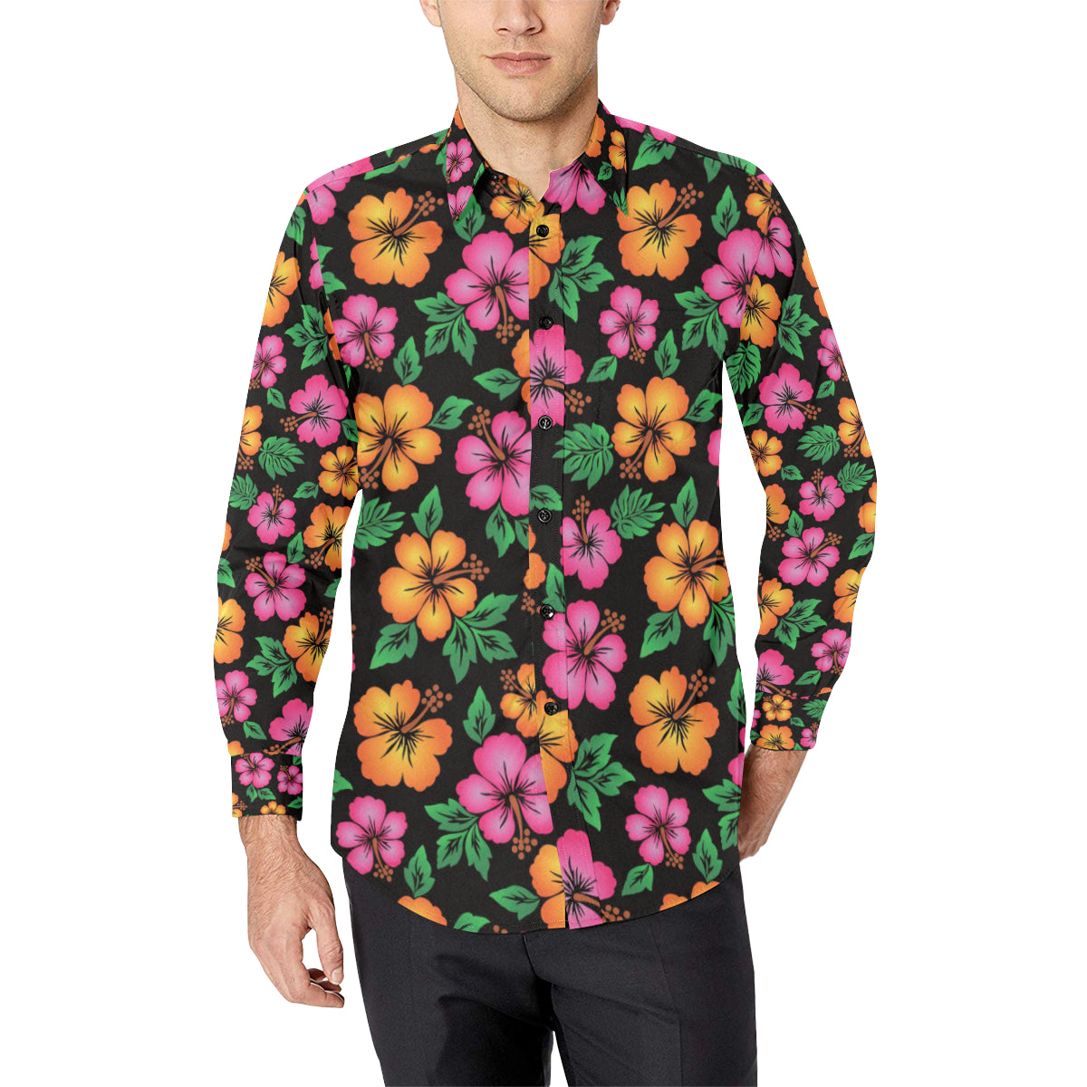 Hibiscus Pattern Print Design HB029 Men's Long Sleeve Shirt