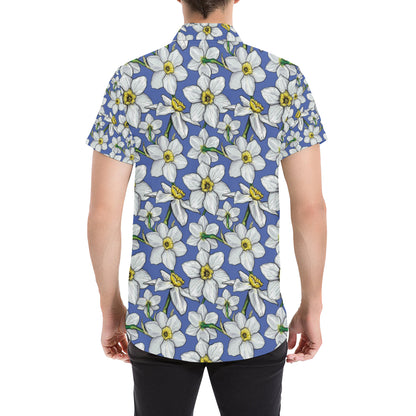 Daffodils Pattern Print Design DF08 Men's Short Sleeve Button Up Shirt