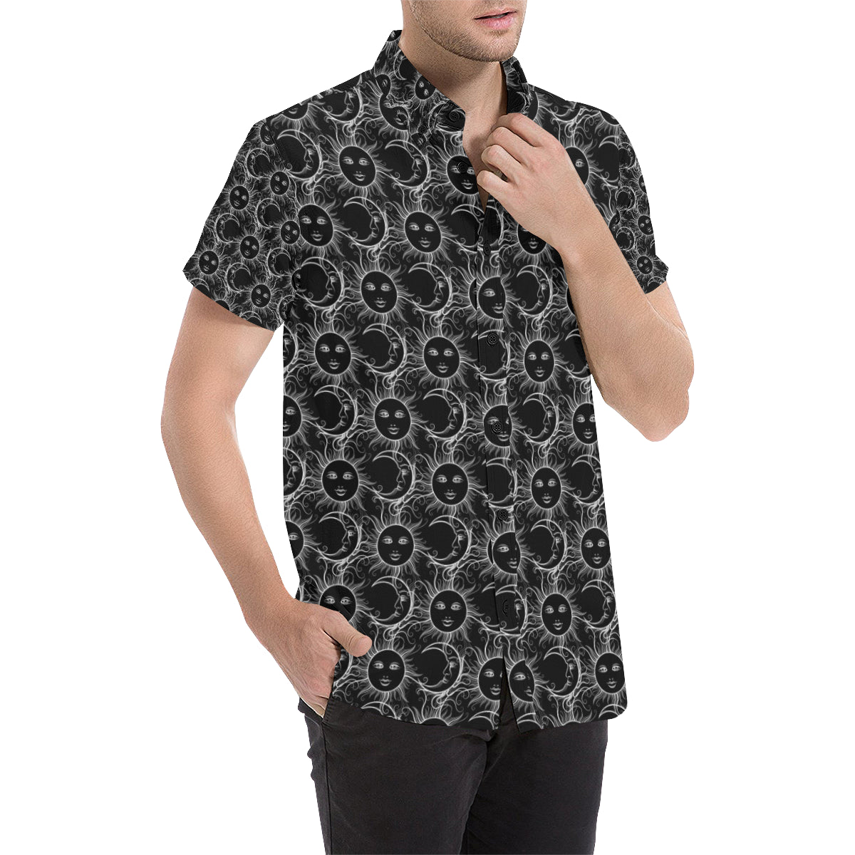 Sun Moon White Design Themed Print Men's Short Sleeve Button Up Shirt
