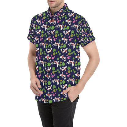 Koi Carp Pattern Design Themed Print Men's Short Sleeve Button Up Shirt