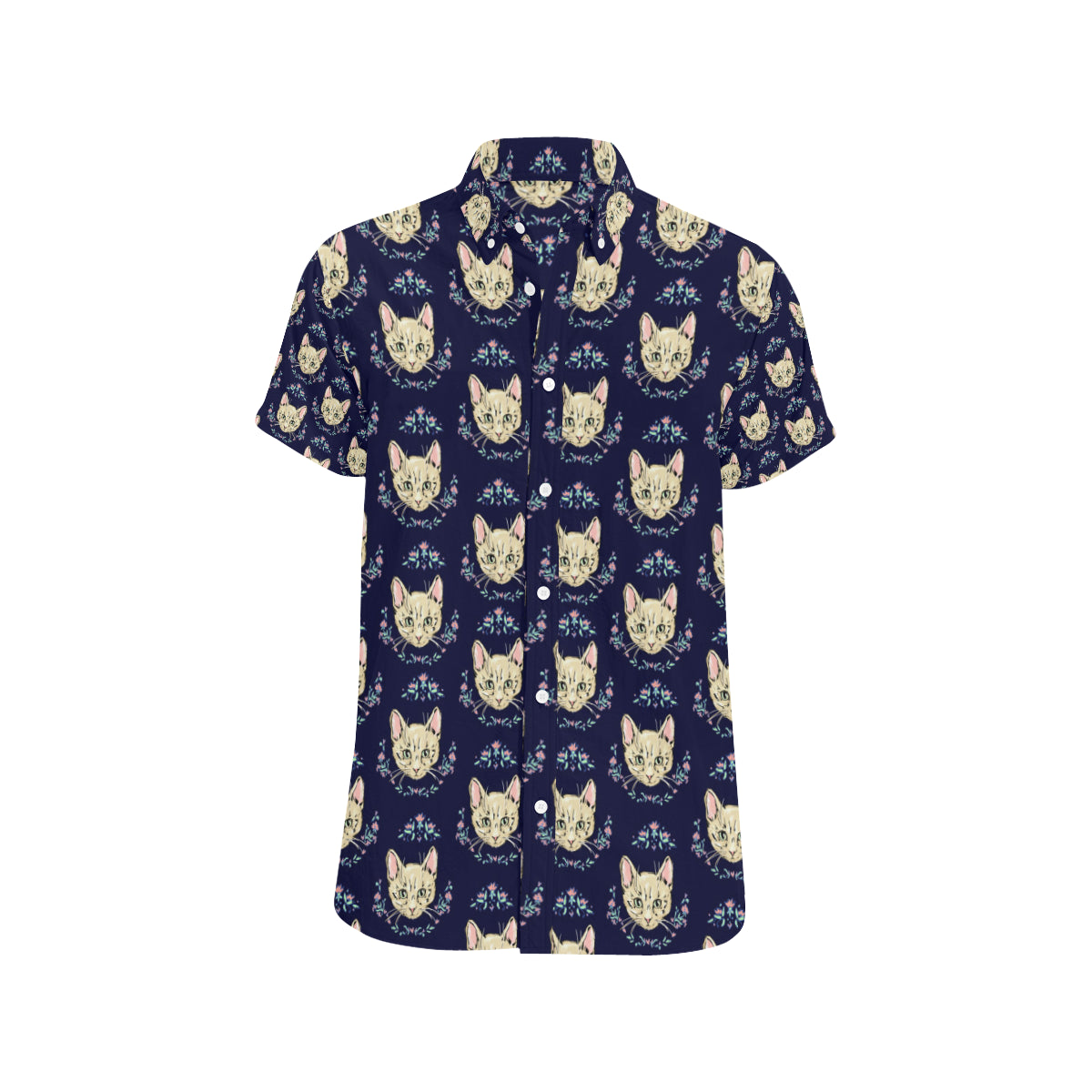 Cat Head with flower Print Pattern Men's Short Sleeve Button Up Shirt