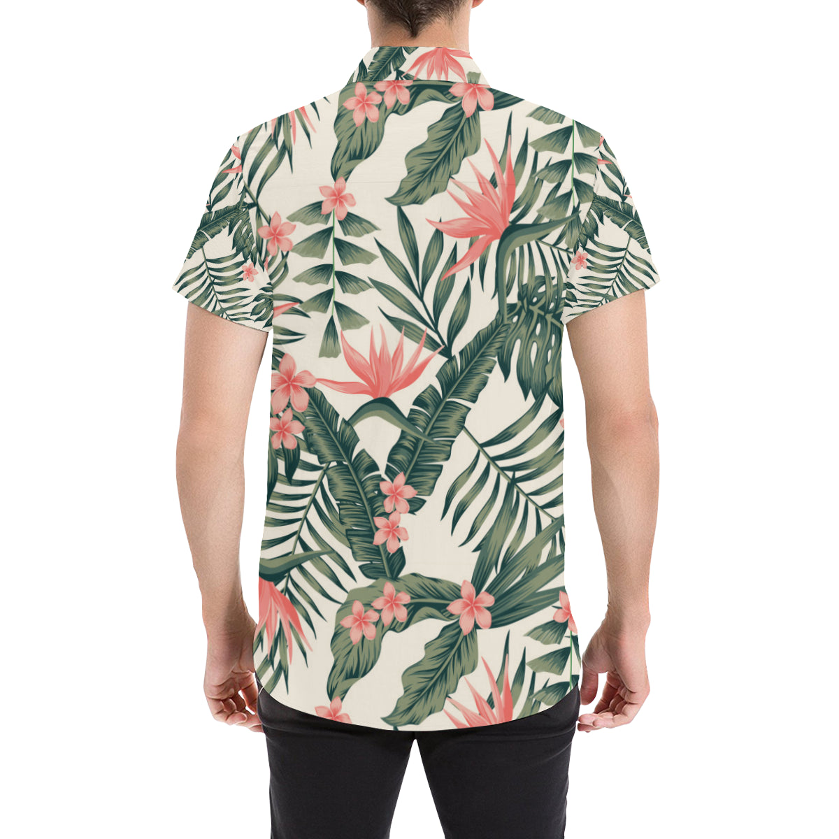 Tropical Flower Palm Leaves Men's Short Sleeve Button Up Shirt