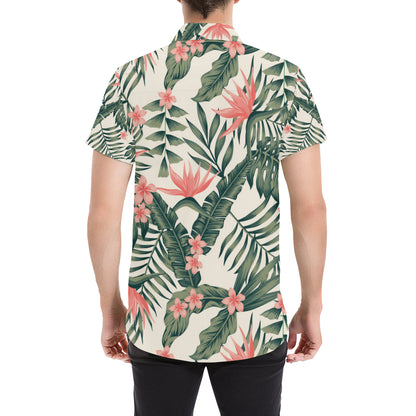 Tropical Flower Palm Leaves Men's Short Sleeve Button Up Shirt
