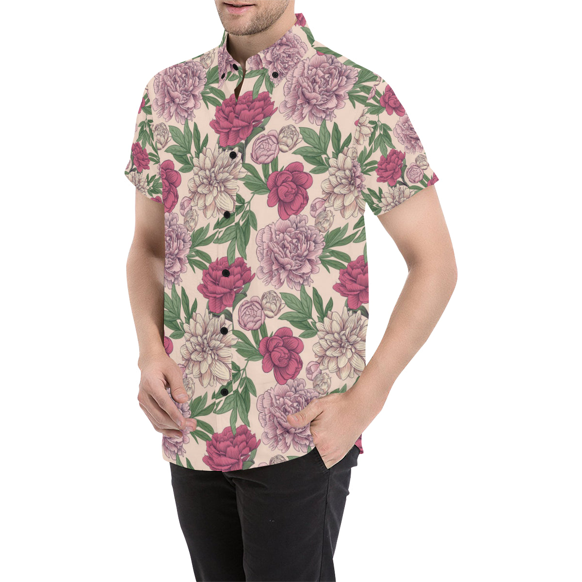 Peony Pattern Print Design A01 Men's Short Sleeve Button Up Shirt