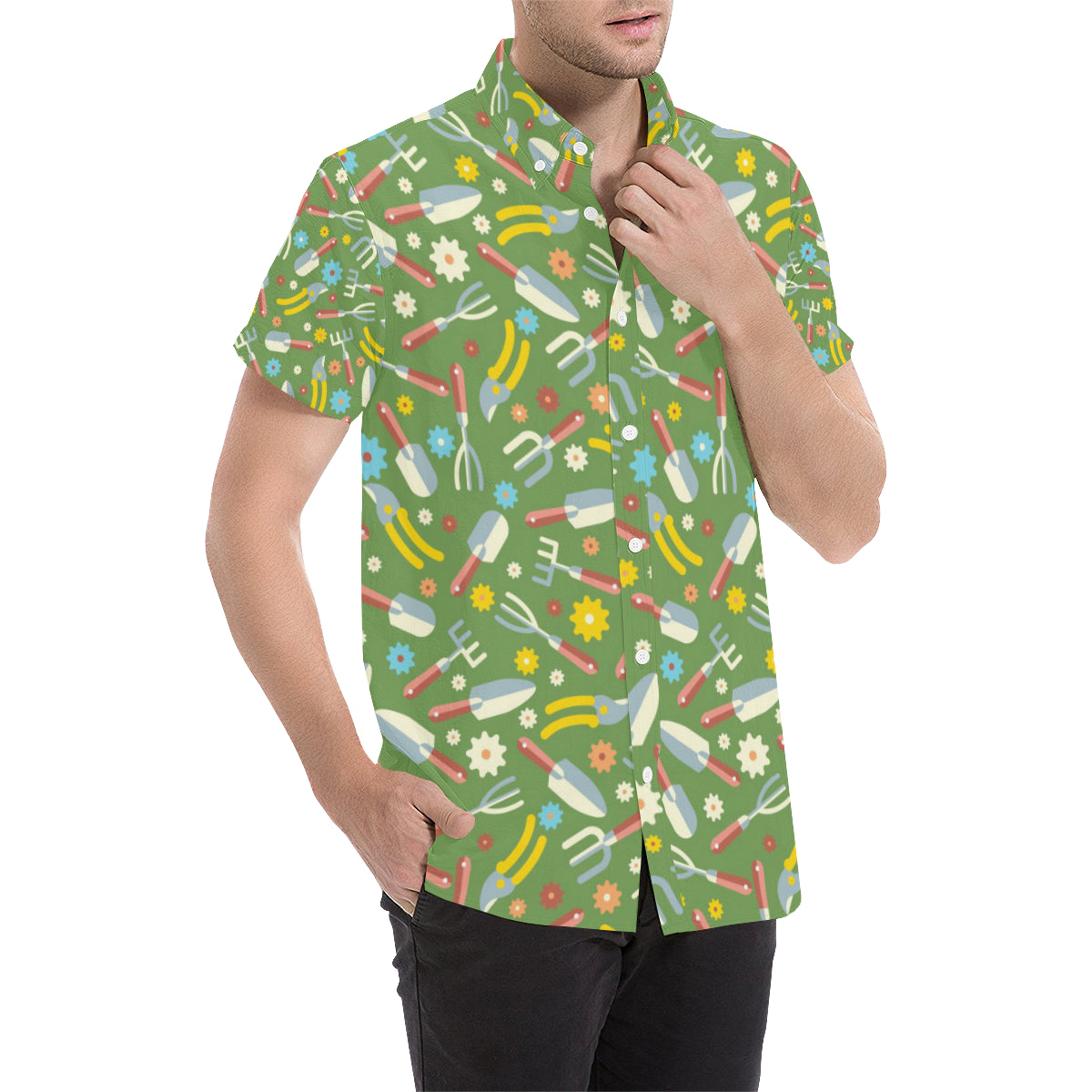 Gardening Pattern Print Design G06 Men's Short Sleeve Button Up Shirt