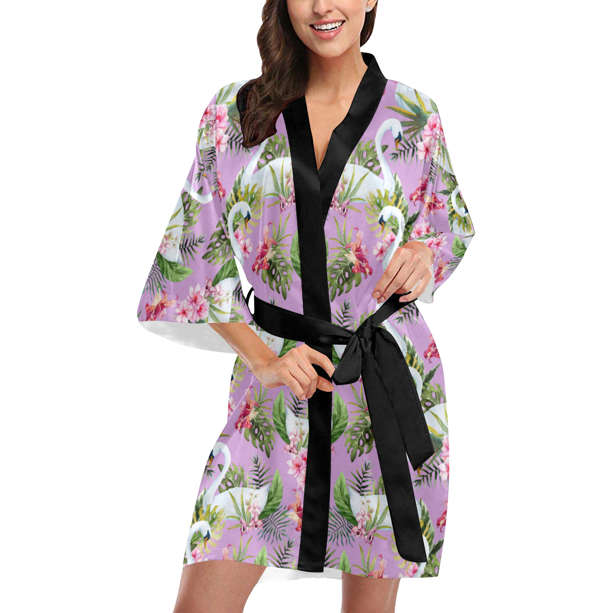 Swan with Flower Pattern Print Design 01 Women's Short Kimono