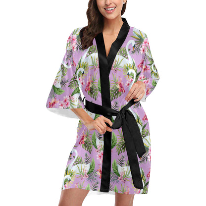 Swan with Flower Pattern Print Design 01 Women's Short Kimono