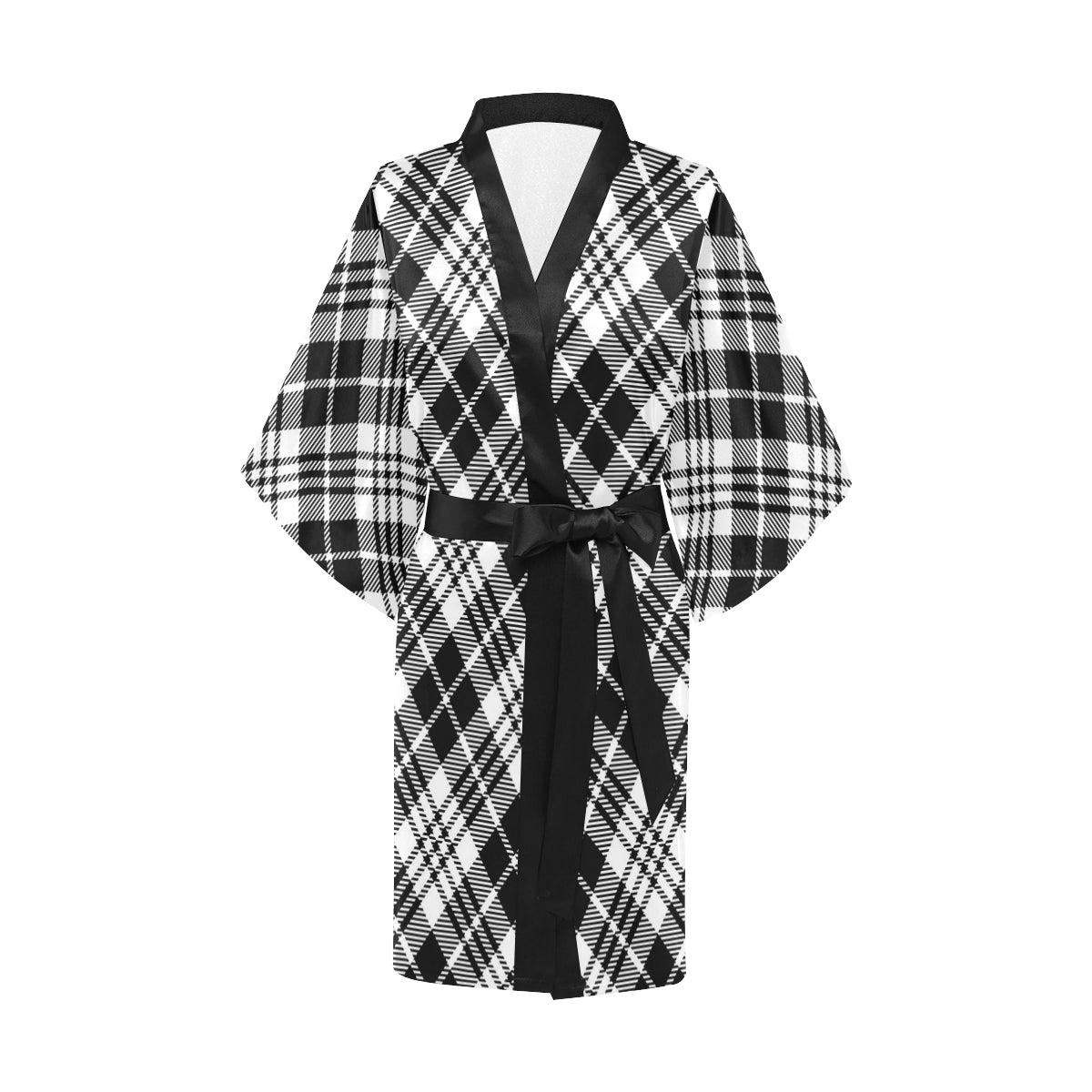 Plaid Black White Pattern Print Design A02 Women's Short Kimono