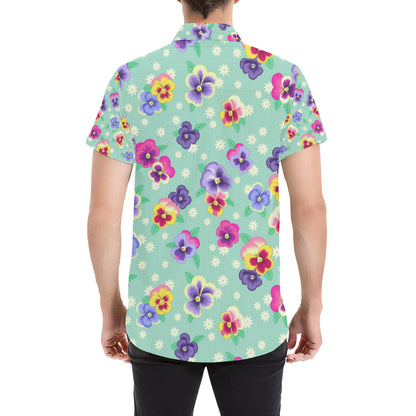 Pansy Pattern Print Design PS08 Men's Short Sleeve Button Up Shirt