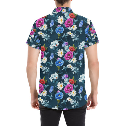 Floral Blue Themed Print Men's Short Sleeve Button Up Shirt