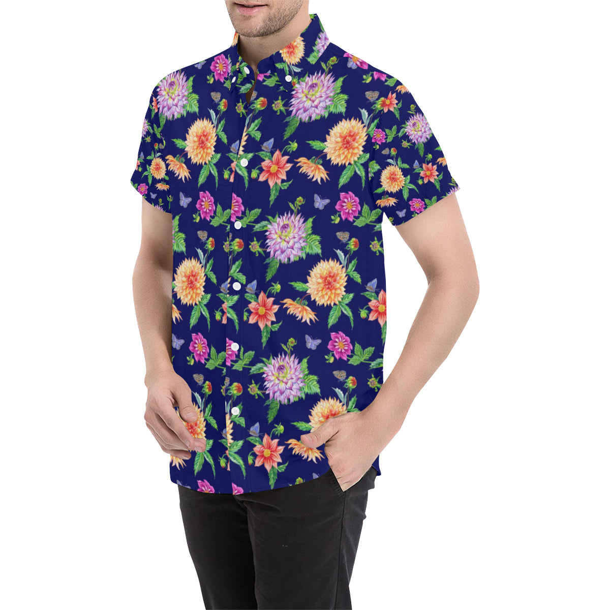 Dahlia Pattern Print Design DH010 Men's Short Sleeve Button Up Shirt