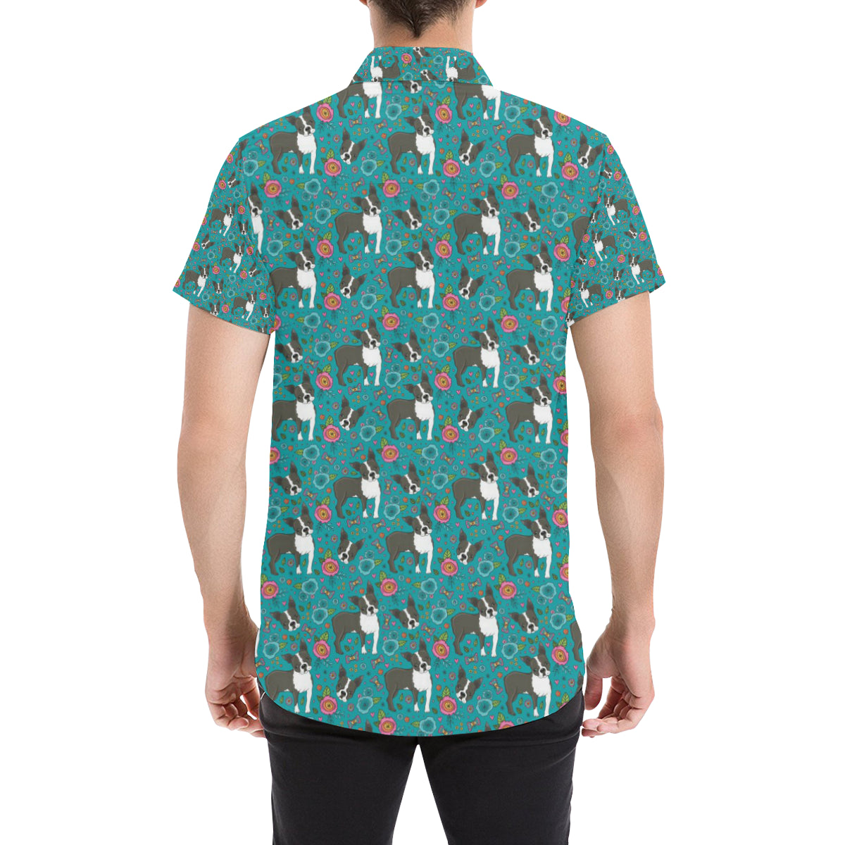 Boston Terrier Pattern Print Design 07 Men's Short Sleeve Button Up Shirt
