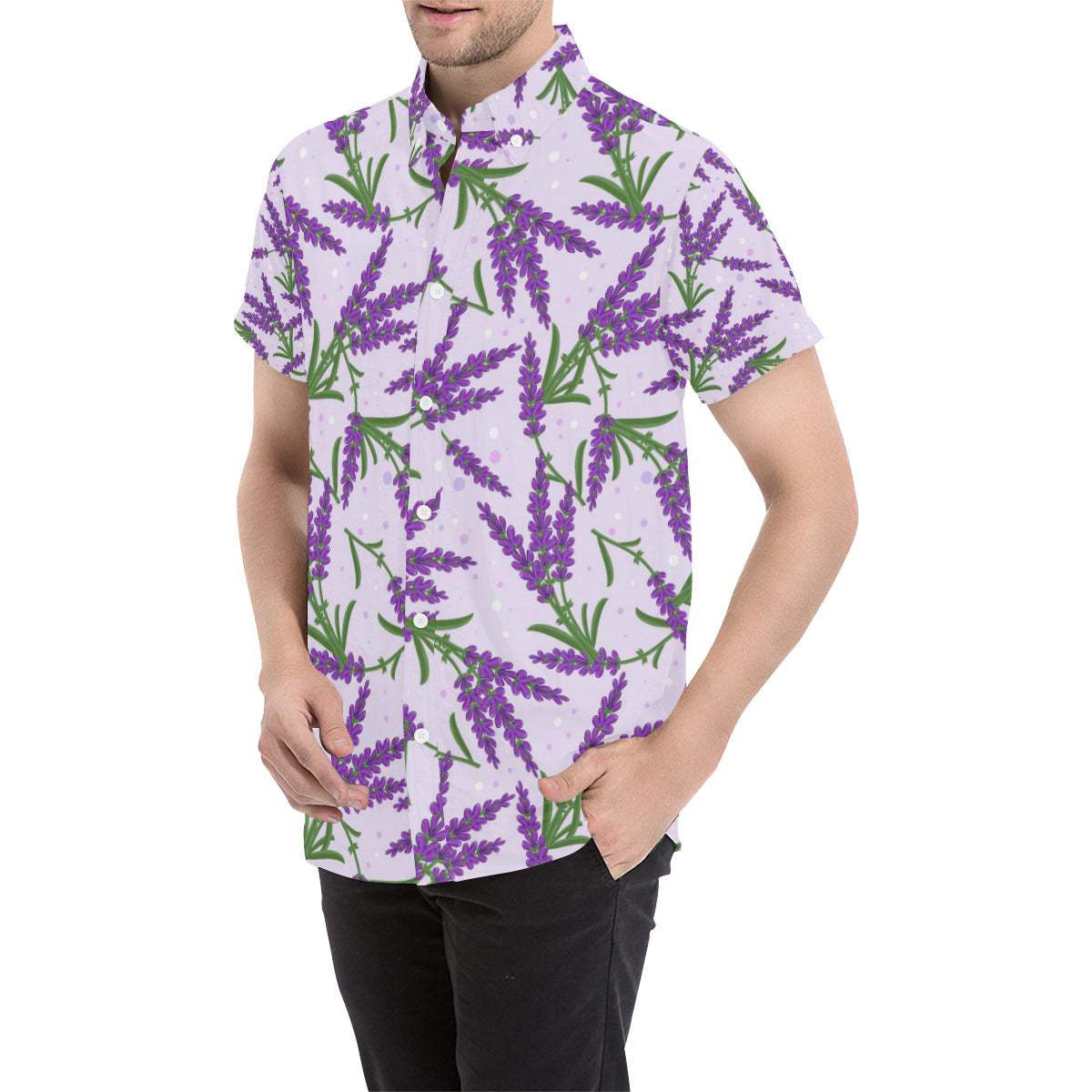 Lavender Pattern Print Design LV02 Men's Short Sleeve Button Up Shirt