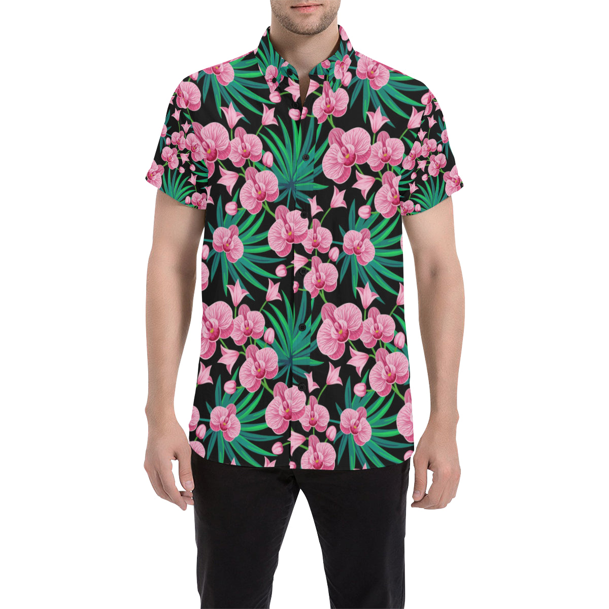 Orchid Pink Pattern Print Design OR06 Men's Short Sleeve Button Up Shirt
