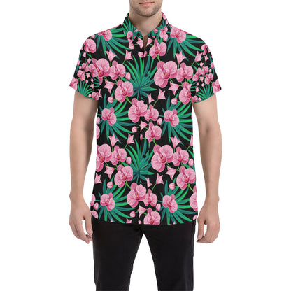 Orchid Pink Pattern Print Design OR06 Men's Short Sleeve Button Up Shirt