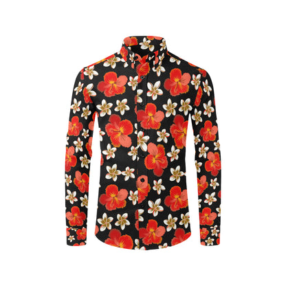 Red Hibiscus Pattern Print Design HB022 Men's Long Sleeve Shirt