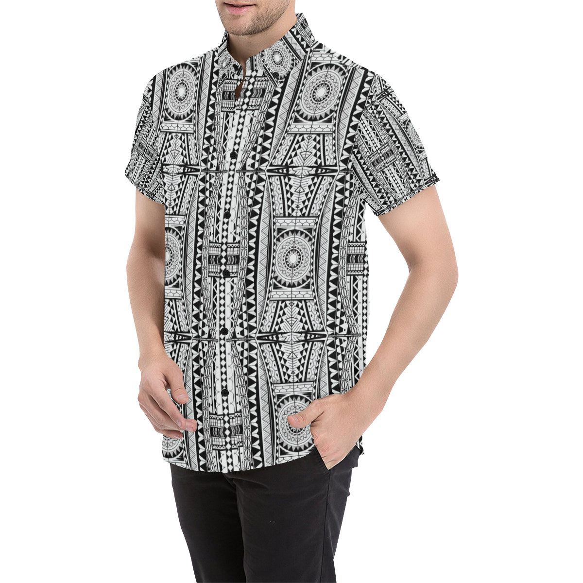 Polynesian Tattoo Design Men's Short Sleeve Button Up Shirt