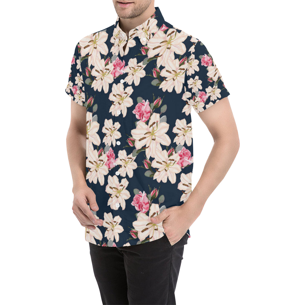 Lily Pattern Print Design LY04 Men's Short Sleeve Button Up Shirt