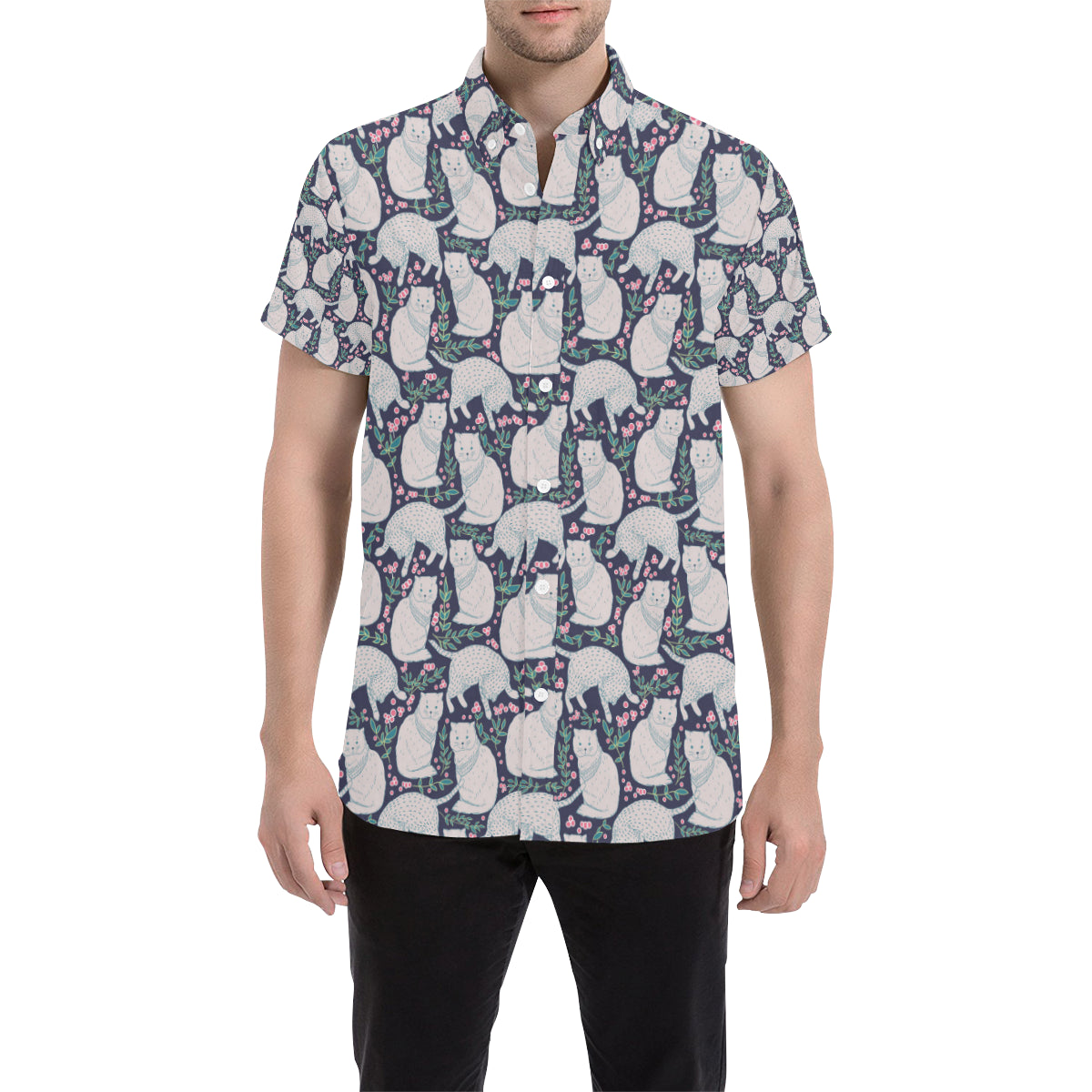Cat Pattern Print Design 06 Men's Short Sleeve Button Up Shirt