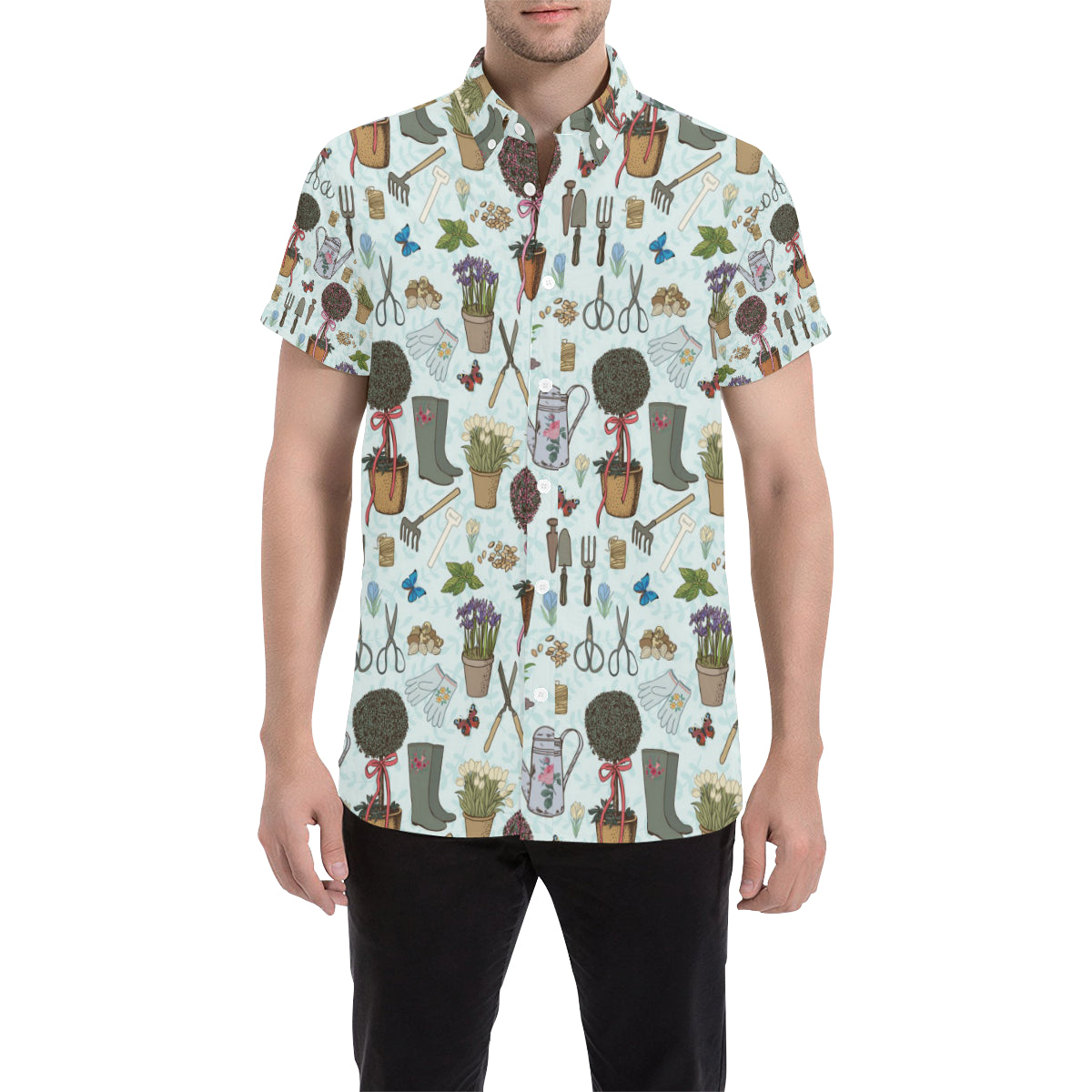 Gardening Pattern Print Design G01 Men's Short Sleeve Button Up Shirt