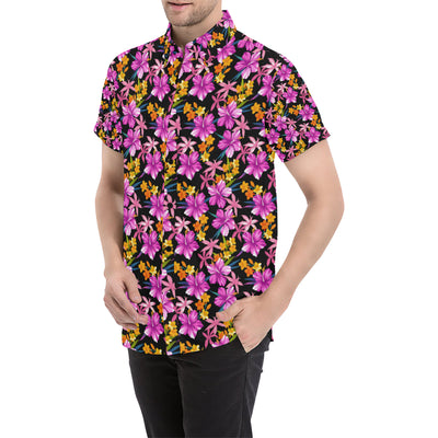 Tropical Folower Pink Hibiscus Print Men's Short Sleeve Button Up Shirt