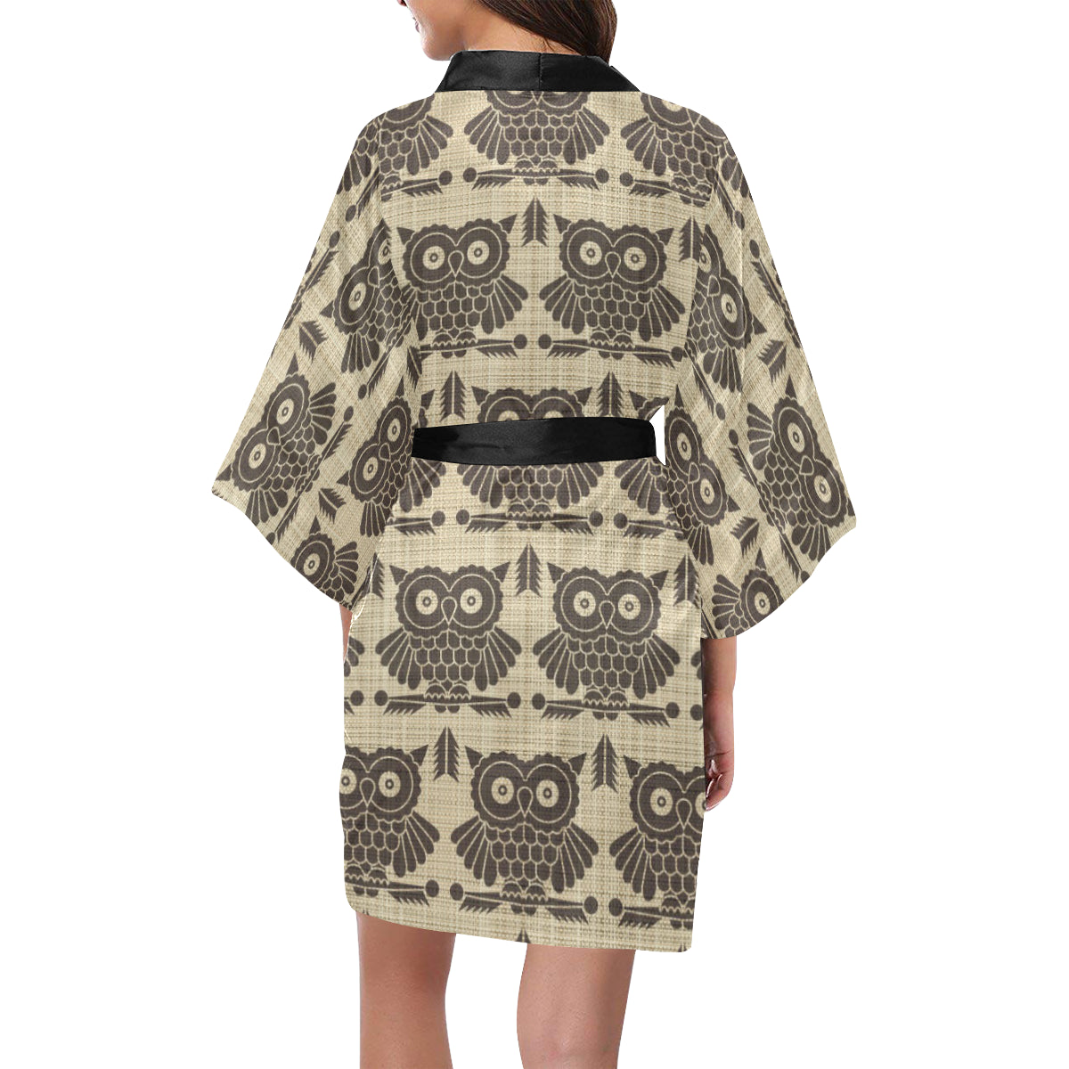 Owl Pattern Print Design A01 Women's Short Kimono