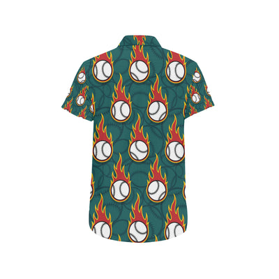 Baseball Fire Print Pattern Men's Short Sleeve Button Up Shirt