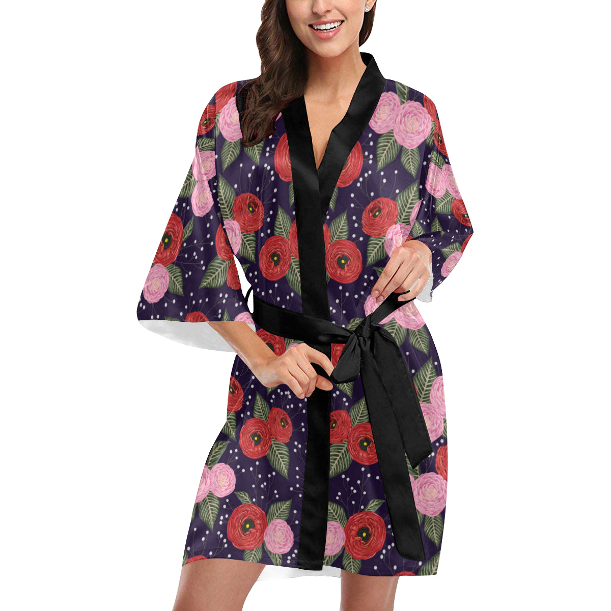 Camellia Pattern Print Design CM02 Women's Short Kimono
