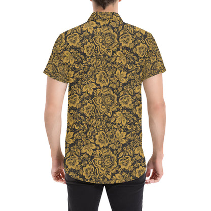 Brocade Gold Pattern Print Design 01 Men's Short Sleeve Button Up Shirt