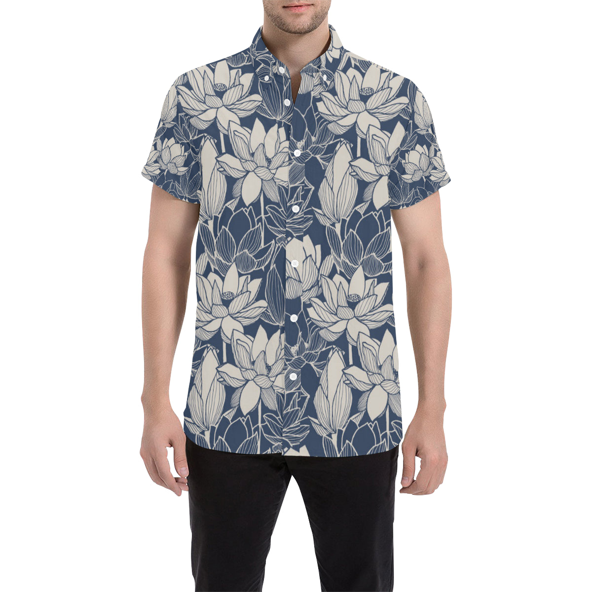 Water Lily Pattern Print Design WL04 Men's Short Sleeve Button Up Shirt
