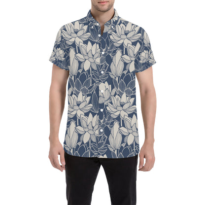 Water Lily Pattern Print Design WL04 Men's Short Sleeve Button Up Shirt