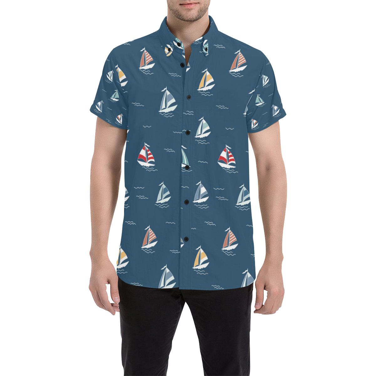 Sailing Ships Pattern Print Design A02 Men's Short Sleeve Button Up Shirt
